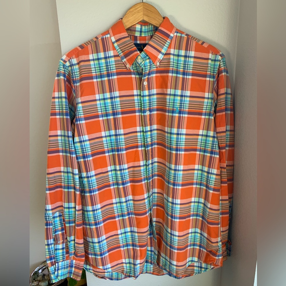 Polo by Ralph Lauren Men's Orange Plaid 100% Cotton Button Down Shirt